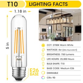 Gozelux Dimmable E26 LED Bulb 6W Equal 60 Watt Warm White 2700K E26 Edison AC120V 750LM Tubular T9 T10 LED Light Bulb for Rustic Pendant, Chandeliers, Wall Sconces, Pack of 8