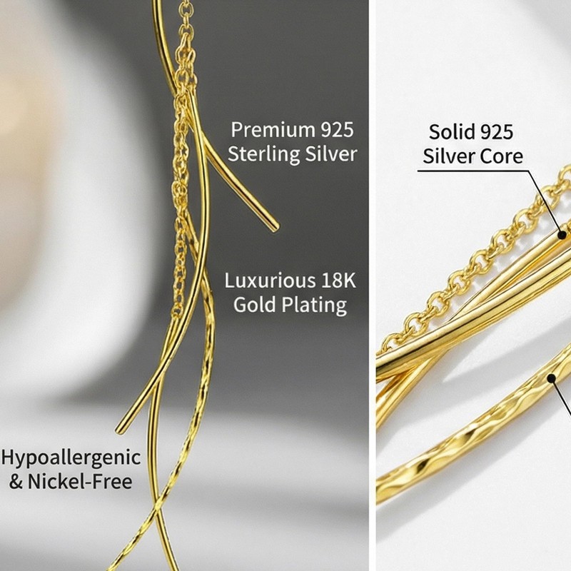 Yellow gold plate 925 Sterling Silver Threader Tassel Curve Dangle