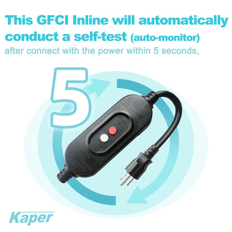Kaper GFCI Inline Plug Replacement Assembly 3 Prong ,Auto-Monitor,Auto Reset,