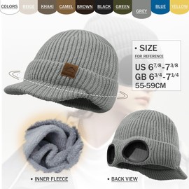 Clakllie Visor Beanie Cap for Men Newsboy Cap with Goggles Stylish Brim Knit Skully Hats Ski Winter Snow Caps,Gray