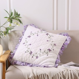 vctops Set of 2 Cotton Quilted Embroidered Decorative Square Throw Pillow Covers with Ruffles Floral Soft Cushion Case for Couch Sofa Bed (Flower C,18"x18")