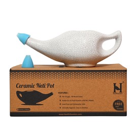 HealthGoodsIn Ceramic Neti Pot with Salt, Dishwasher Friendly, with 2 Detachable Silicone Nozzle Tip, Holds 225 Ml (7.6 Fl Oz) Water - Crackle Pattern Ivory