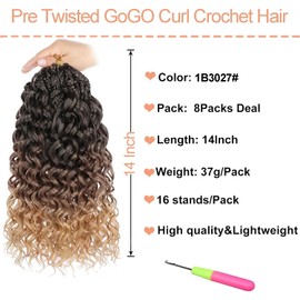 Mscat Gogo Curl Crochet Hair 14 Inch 8 Packs Black Ocean Wave Crochet Hair Pre Looped Deep Twist Goddess Box Braids Short Curly Water Wave Synthetic Braiding Hair for Women Girl Kids(8 Packs, 1B3027#)