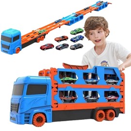 TANSAR Transporter Truck Toy Car, Car Toy from 3 4 5 6 7 8 Years Boy, Portable Foldable Racing Track Car Transporter with 2 Race Cars, Children's Toy Gifts for 6 Year Old Boy, Blue