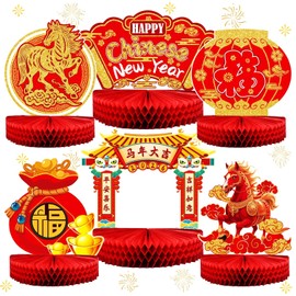 6 Pcs Chinese New Year Honeycomb Centerpieces – Red & Gold Table Topper Decorations, 2026 Year of the Horse Ornaments Signs, Lunar New Year Party Supplies for Asian Spring Festival Celebrations