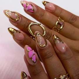 Chrome Gold French Tip Press on Nails Almond Medium Fake Nails with Pink Butterfly Design Nude Glossy Glue on Nails French Almond Shaped Acrylic Nails Full Cover Artificial False Nails for Women 24Pcs