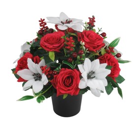 Christmas grave arrangement 25cm (10 inches) in grave pot/vase with white poinsettias and red open roses (No Robin Pick)