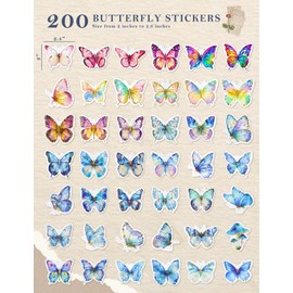 GAUENEEN 200 PCS Butterfly Stickers, Colorful Waterproof Stickers, Self-Adhesive Vinyl Stickers for Laptop Scrapbook Window Water Bottle, Aesthetic Decals for Party Decoration, Gifts for Teens, Adults