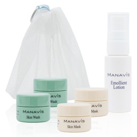 Manabis Cosmetics Skin Care [1 Week Trial 4-Piece Set] Basic (Skin Wash x 2, Skin Mask x 2, Lather Net x 1), Face Wash Pack, Moisturizing Lotion, Mini Size, Trial Travel