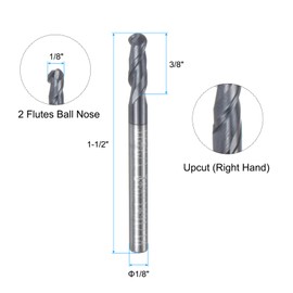sourcing map Ball Nose End Mill CNC Router Bit, 1/16" Radius 1/8" Shank Solid Carbide TiAlN Coated Upcut Spiral 2 Flutes Cutter Milling Tool, 1/8" Dia 1-1/2" Total Length