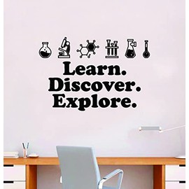 Learn Discover Explore V2 Wall Decal Home Decor Room Bedroom Vinyl Sticker Art Quote School Classroom Chemistry Teacher Students College Elementary Smart Beakers Playroom Boys Girls Kids Teen Baby