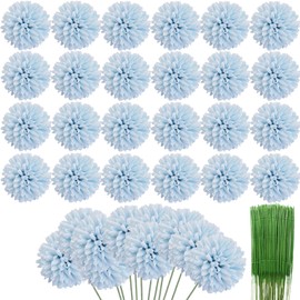 HinyoCo 36 Pcs Artificial Chrysanthemums Heads Ball Flowers，Silk Chrysanthemum Ball Bouquet White Bouquets Hydrangea for Home Office Coffee House Parties and Wedding (Light Blue)