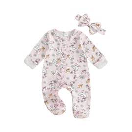 mlpeerw Newborn Baby Girl Outfits Bow/Plaid Print Footed Jumpsuit Ruffle Zipper Romper Cute Fall Baby Coming Home Outfit (Silly Goose Pink, Newborn)