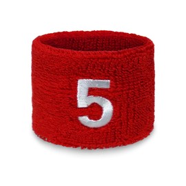 Couver Unisex Red Sports/Athletic with Number Embroidery Sweat Wristband, Number 5, 2.76" x 2.36", 1 Piece