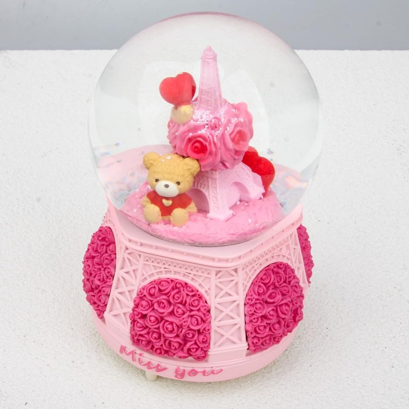 Snow Globe, 100mm Pink Resin Bear Sit Back The Flower