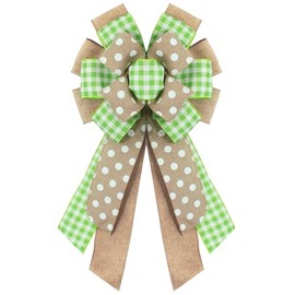 chmacura Easter Wreath Bow for Front Door, Natural Green Dots Bows Green Buffalo Plaid Craft Bow Birthday Easter Tree Topper Ornament Bow for Home Easter Decorations Supplies