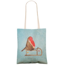 Mr. & Mrs. Panda Shopping Bag Robin Sleigh Gift Fabric Bag Christmas Bird Winter Bag Christmas Decoration Cotton Bag, blue