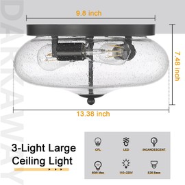 Darkaway Large Ceiling Light Fixtures 3-Ight Flush Mount Indoor Outdoor Ceiling Light with Seeded Glass Shade for Hallway Kitchen Bedroom Porch Living Room Dining Room Black Finish
