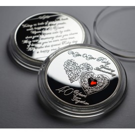 The Commemorative Coin Company 40th RUBY WEDDING ANNIVERSARY Silver Commemorative with Ruby Gemstone. Gift/Present. 40 Years Together. Husband/Wife/Parents