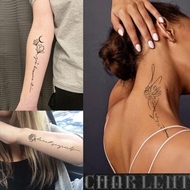 Charlnet Temporary Tattoo for Women and Girls - Pack of 45 Lines, Flowers, Words, Sketches, Realistic, Durable, Fake Tattoo, Waterproof, Minimalist Line Art Tattoo for Arm, Backbone