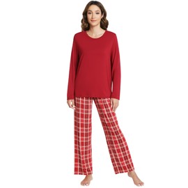 NACHILA Women's Pajamas Set-Viscose Made from Bamboo, Long Sleeve Sleepwear Top with Pants Comfy Pajama Soft 2 Piece Pjs Wine Red M