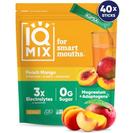 IQMIX Hydration Electrolyte Powder – 4-in-1 Formula for Hydration, Mental Clarity, Mood and Recovery – Sugar-Free Drink Mix, Keto, Magnesium L-Threonate, Lion’s Mane – 40 Count Peach Mango