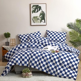 CLOTHKNOW Blue White Plaid Queen Comforter Set 3Pcs Grid Bedding Comforter Sets Checkerboard Comforter Royal Blue White Queen Size Comforter with 2 Pillowcases