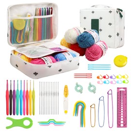 JOZEA 58pcs Crochet Kits, Including 9 Pieces of Crochet Hooks, Yarn and Storage Case, Crochet Hooks Set, Crochet Accessories and Knitting Accessories, for Beginners, White