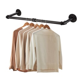 BAOYOUNI Metal Clothes Rack Wall Mounted Clothing Hanger Industrial Style Pipe Heavy Duty Garment Rod Bar 41.73'' for Bedroom, Closet, Laundry Room, Entryway (Black, 1 Pack)