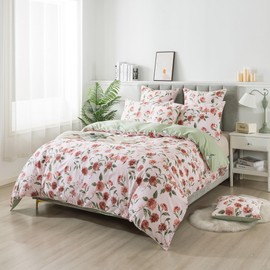 FADFAY Duvet Cover Set Queen Rose Floral Bedding Shabby Pink Hydrangea Flower Comforter Cover Set Vintage Farmhouse Bedding 100% Cotton Soft Quilt Cover with Hidden Zipper Closure 3Pcs, Queen Size