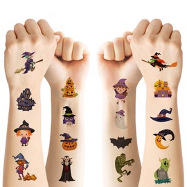 ACWOO Temporary Tattoo for Kids, 10 Sheets Halloween Themed Tattoos Stickers, Spooky Pumpkin Skull Bats Halloween Waterproof Fake Tattoo for Gift Party Bags Filler