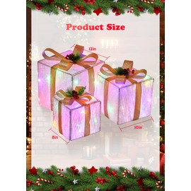 Set of 3 Christmas Decorations Lighted Gift Boxes with Bows，12" 10" 8" with 60 Pre-Lit Mini String Lights，Foldable LED Xmas Present Boxes for Tree Indoor Outdoor Holiday Party Yard Home Decor