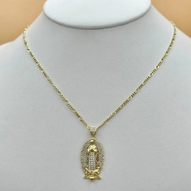 JEYFEL 14K Gold Plated Our Lady Virgen Guadalupe Icy Clear Crystals Pendant Necklace