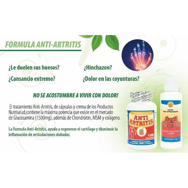 Anti Artritis tratamiento de Crema y capsulas con Glucosamina, Condroitin y Colageno. Alivia Dolor en coyunturas, huesos, reumas.