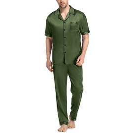 SWOMOG Silk Sleepwear Set for Men Pyjamas Set Short Sleeve Classic Pj Sets Silk Pyjamas for Men Sleepwear Soft Loungewear Olive Green