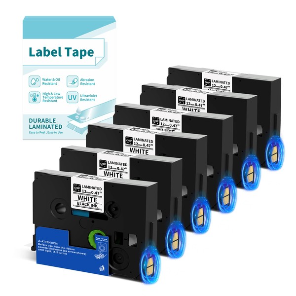 6 Pack Label Maker Tape 12mm 0.47 Laminated White Compatible
