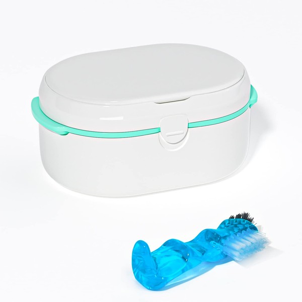 Juego de caja de baño y cepillo de dentadura y retenedor, estuche de dentadura con espejo (blanco)