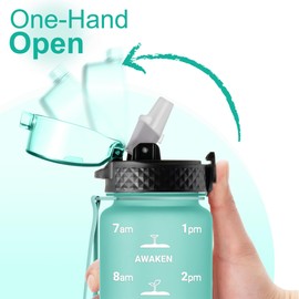 GOPPUS Drinking Bottle, 1 Litre BPA-Free Tritan Water Bottle with Straw, Sports Water Bottle, Leak-Proof with Time Marking and Brush, Sports Bottle for Fitness, School, Yoga, Outdoor (1 Bottle)