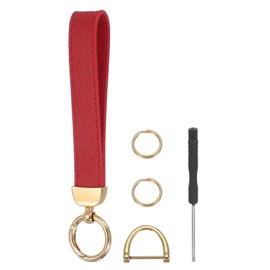 MECCANIXITY Leather Wristlet Keychain Car Key Chain Wristlet for Women, 7 Inch Key Fob Holder with D Ring and 2 Key Ring for Keys Wallets Purse, Gold Tone/Red