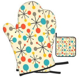 Mid Century Fifties Modern Atomic Retro Oven Mitts and Pot Holders Sets of 3, Yellow Kitchen Decor or Accessories, Heat Resistant Hot Pads Oven Gloves,Cooking Grilling Baking Gifts for Women