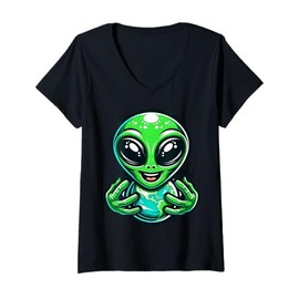 Womens Cute Alien Holding Earth Cartoon Character For Kids V-Neck T-Shirt