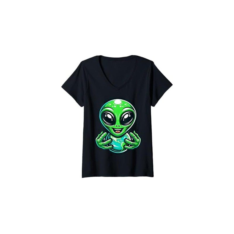Womens Cute Alien Holding Earth Cartoon Character For Kids V-Neck