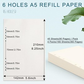 Toplive A5 Refill Paper, [4 Pack] 100GSM Thick 6 Hole Filler Inserts for 6 Ring Binder Journal Notebook - 180 Sheets (360 Pages), Blank