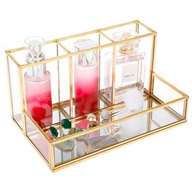 HighFree Glass Makeup Brush Holder, Vintage Clear Cosmetic Brush Makeup Organizer with Mirror Tray for Storage Perfume Nail Polish Lipsticks, 4 Compartments