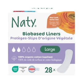 Naty Panty Liners Large Wrapped | 100% Certified Organic Cotton top Sheet| Certified Skin-Safe | Unscented, 0% Conventional Plastic | Comfortable & Breathable | 28 Liners