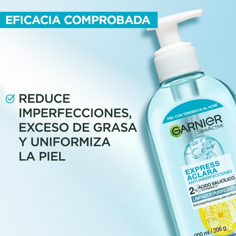 Garnier Express Aclara Gel Limpiador Facial Ácido Salicílico 2%, 200ml