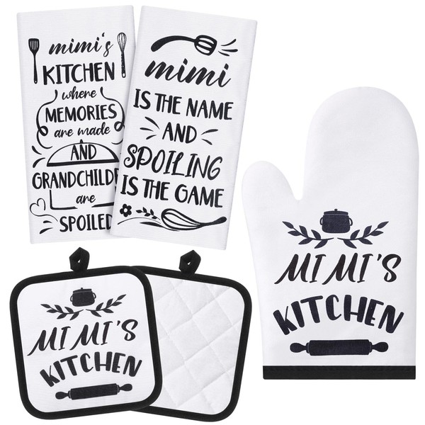 5 Pieces Mimi Kitchen Set Includes 2 Pieces Mimi Dish Towels Microfiber Dish Towels, 2 Pieces Mimi Oven Pads Pot Holder, Mimi Oven Mitt Mimi Gift for Home Birthday Kitchen Cooking Baking (Mimi Style)