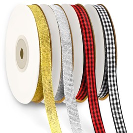 DECYOOL Christmas Ribbons, 4 Rolls 100 Yards Christmas Satin Ribbons 10mm Wide Holiday Craft Ribbons for Gift Wrapping and Xmas Decoration, Gold & Silver & Red Black Plaid & Black White Plaid