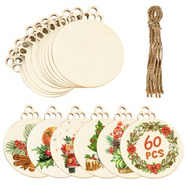 Fuyuleyo 60pcs Wooden Baubles Christmas Ornaments, 3.5" Natural Round Baubles Blank Wood Discs Slices Circles for DIY Crafts Hanging Christmas Tree Decorations Christmas Craft Baubles