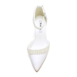Block Heel Wedding Shoes for Bride Pointed Toe Pearl Heels Ankle Strap Wedding Heels Bridal Shoes-Ivory-8cm-8